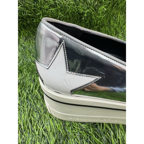 STELLA MCCARTNEY Silver Metallic Faux Leather Binx Star Platform Slip On Shoes 7 - Picture 10 of 16
